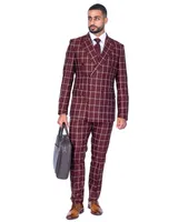 Double-Breasted Modern Slim Fit Check Suit - Burgundy