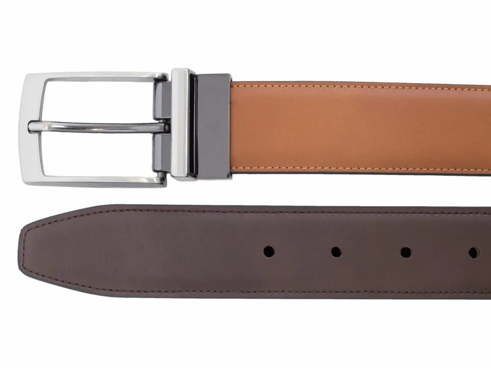 Reversible Silver Buckle Contrast Stitch Belt - Tan / Brown