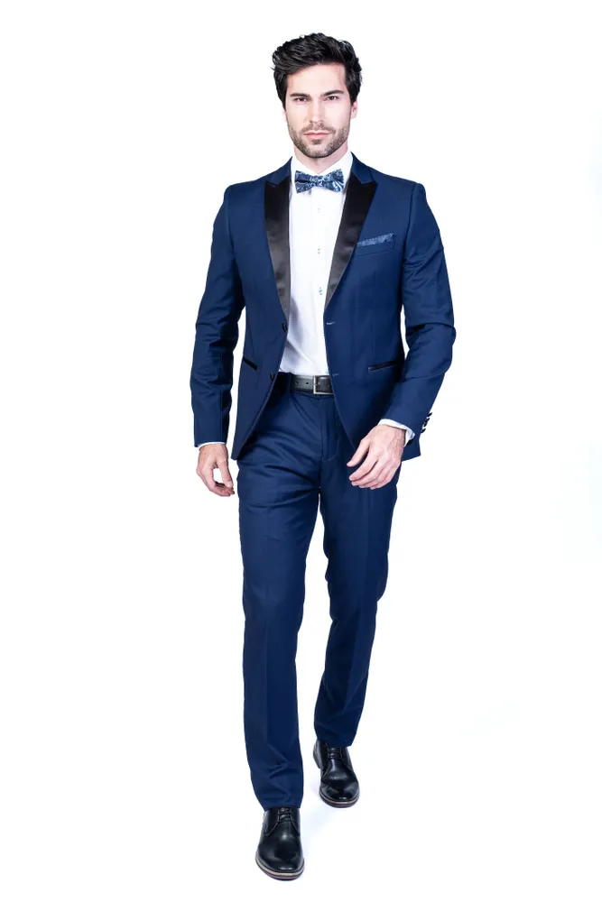 Solid Slim Fit Peak Lapel Tuxedo - Blue