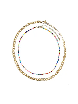 Colorful Beaded and Small Link Chain Necklace Set