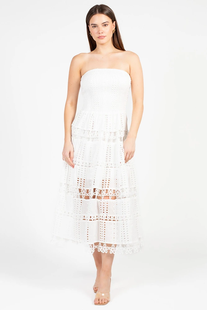 Mia Strapless Eyelet Midi Dress