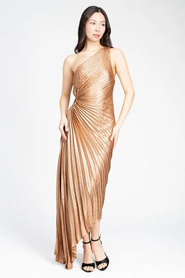 Alora Pleated Shimmer Hi Lo Maxi Dress