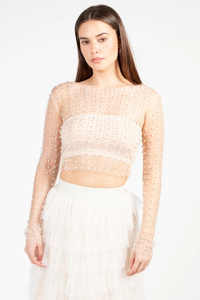 Rylee Pearl Embellished Crop Blouse