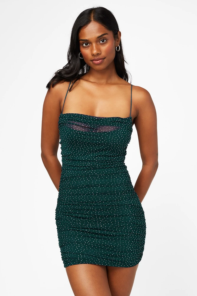 Beata Rhinestone Ruched Mesh Mini Dress