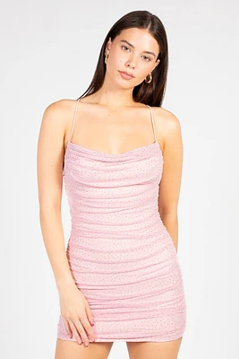 Beata Rhinestone Ruched Mesh Mini Dress