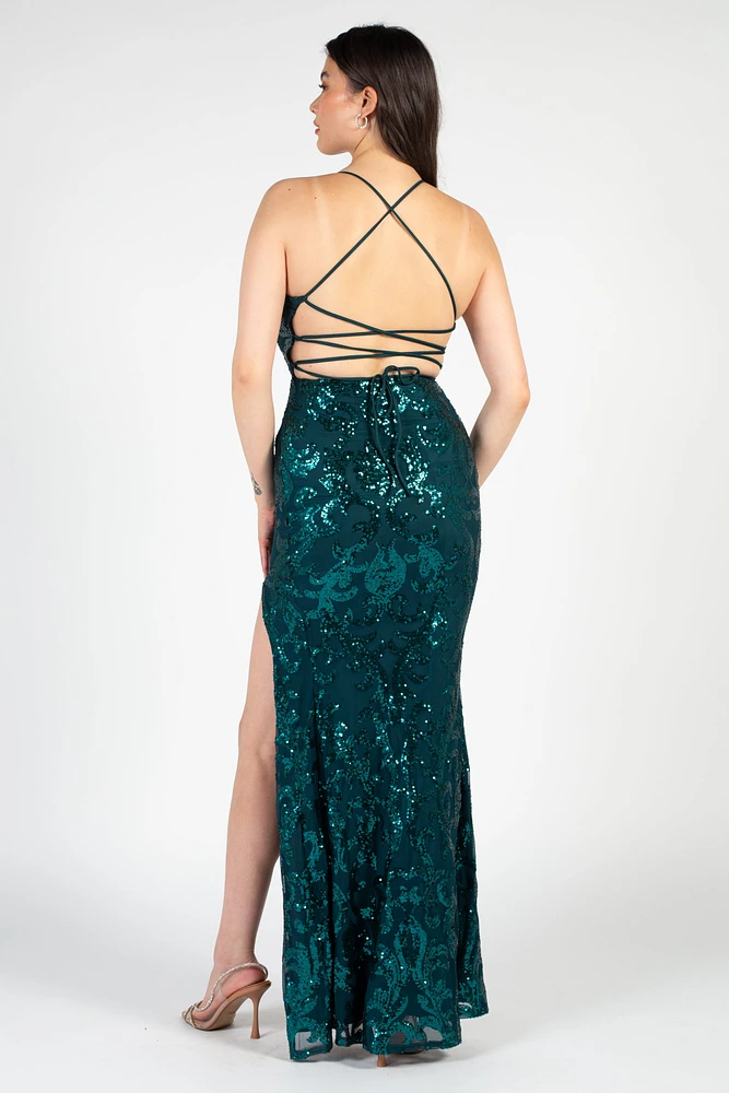 Ariel Strappy High Slit Sequin Gown