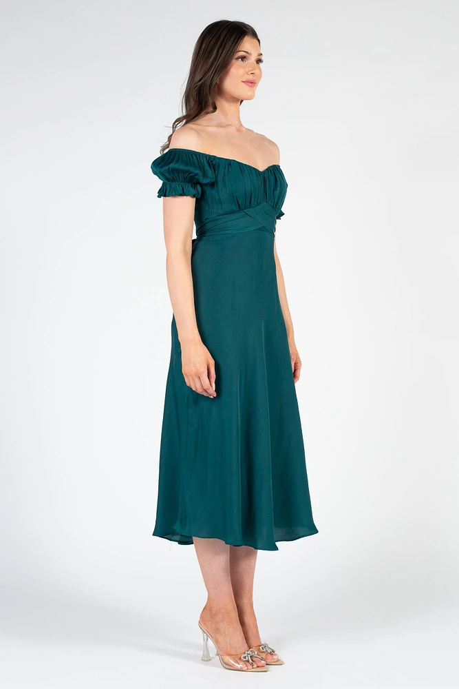 Cindy Satin Off-The-Shoulder Midi Dress