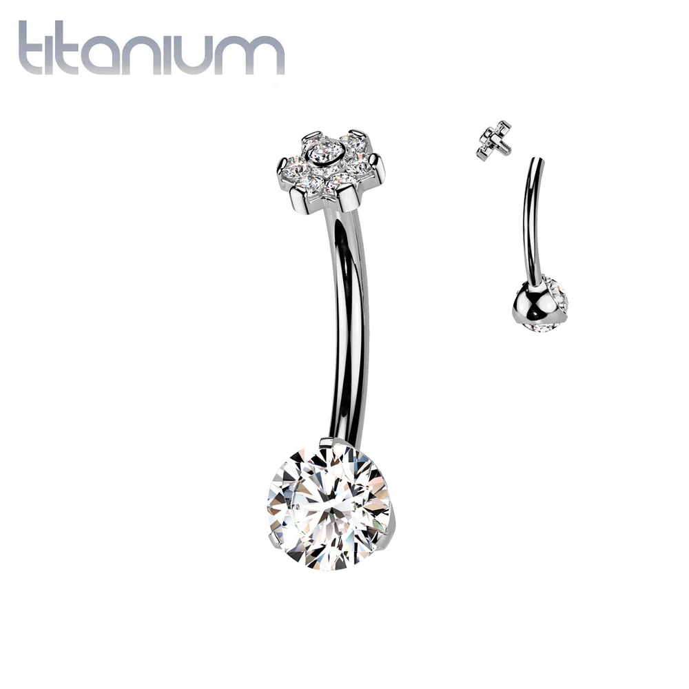 Implant Grade Titanium White CZ Internally Threaded Flower Top Belly Ring