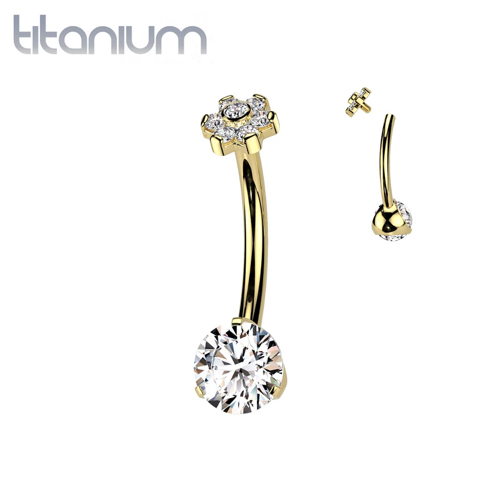 Implant Grade Titanium Gold PVD White CZ Internally Threaded Flower Top Belly Ring