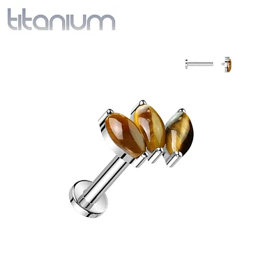 Implant Grade Titanium Triple Marquise Tiger's Eye Internally Threaded Flat Back Labret