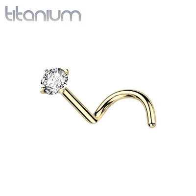 Implant Grade Titanium Gold PVD Corkscrew Nose Ring Stud  White CZ Gem