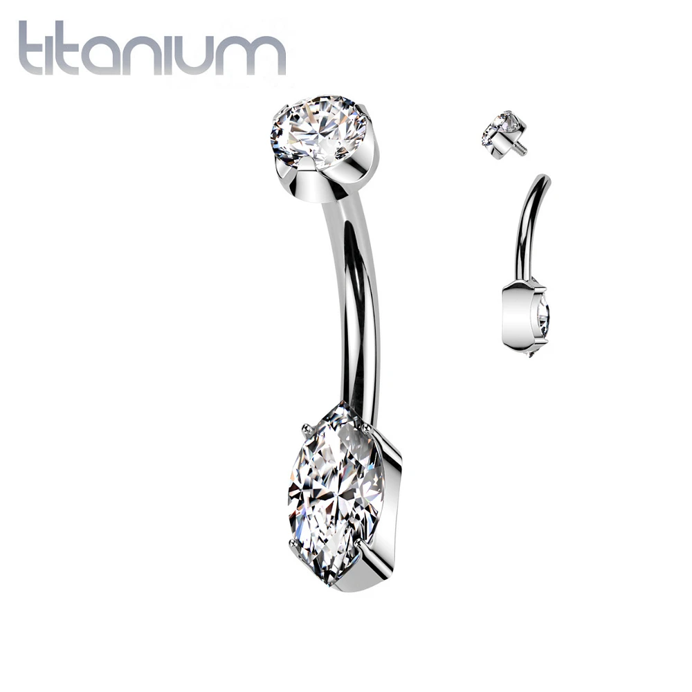 Implant Grade Titanium Dainty White Marquise Internally Threaded Belly Ring