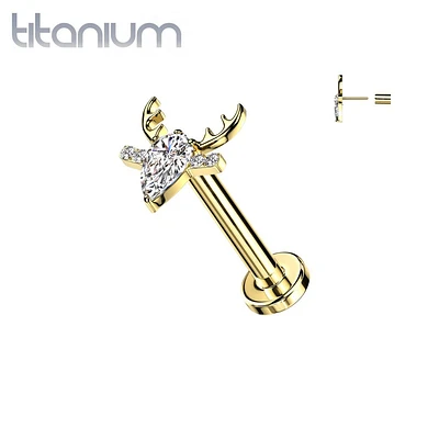 Implant Grade Titanium Threadless Gold PVD White CZ Deer Push In Labret With Flat Back