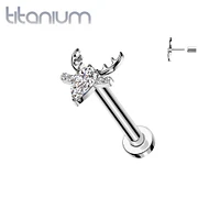 Implant Grade Titanium Threadless White CZ Deer Push In Labret With Flat Back