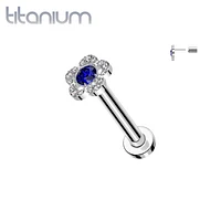 Implant Grade Titanium Threadless Large White & CZ Petal Flower In Labret With Flat Back