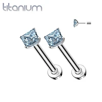 Pair of Implant Grade Titanium Threadless Square Aqua CZ Gem Earring Studs with Flat Back