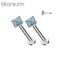 Pair of Implant Grade Titanium Threadless Square Aqua CZ Gem Earring Studs with Flat Back