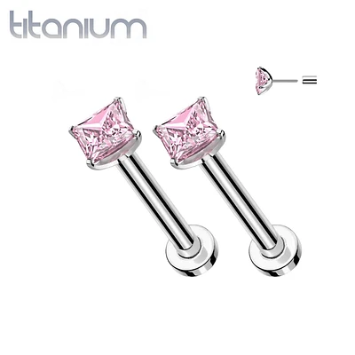 Pair of Implant Grade Titanium Threadless Square CZ Gem Earring Studs with Flat Back