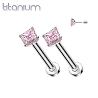 Pair of Implant Grade Titanium Threadless Square CZ Gem Earring Studs with Flat Back