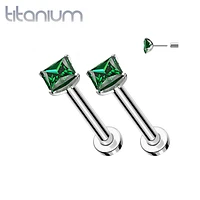 Pair of Implant Grade Titanium Threadless Square Emerald Green CZ Gem Earring Studs with Flat Back