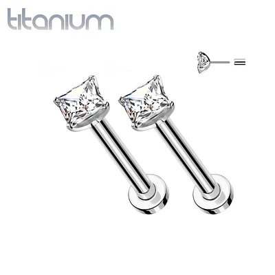 Pair of Implant Grade Titanium Threadless Square CZ Gem Earring Studs with Flat Back