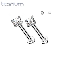 Pair of Implant Grade Titanium Threadless Square White CZ Gem Earring Studs with Flat Back