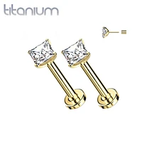 Pair Of Implant Grade Titanium Gold PVD Square White CZ Gem Threadless Push In Earring Studs With Flat Back