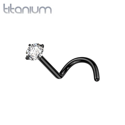 Implant Grade Titanium Black PVD Corkscrew Nose Ring Stud White CZ Gem