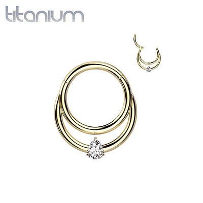 Implant Grade Titanium Gold PVD Double White CZ Gem Hinged Septum Daith Clicker Hoop