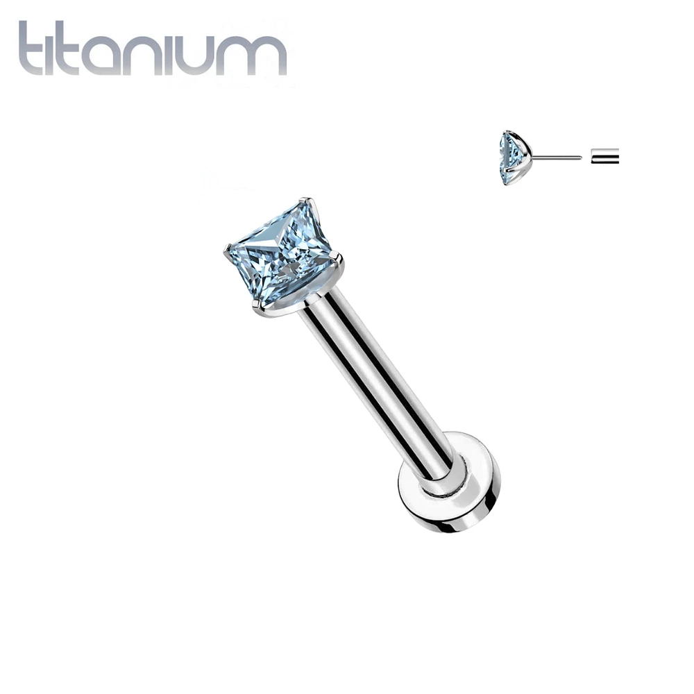 Implant Grade Titanium Square Aqua CZ Gem Threadless Push In Labret