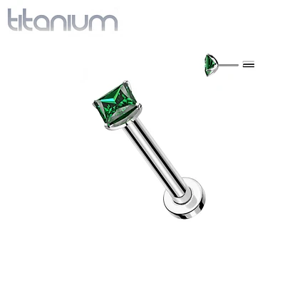 Implant Grade Titanium Square Emerald CZ Gem Threadless Push In Labret