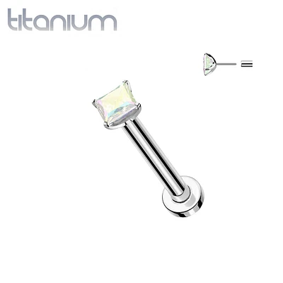 Implant Grade Titanium Square Aurora Borealis CZ Gem Threadless Push In Labret