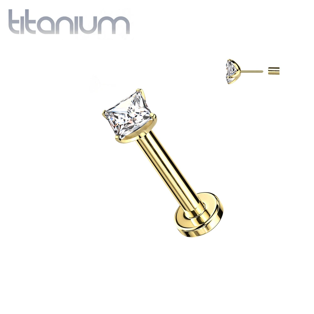 Implant Grade Titanium Gold PVD Square White CZ Threadless Push In Labret