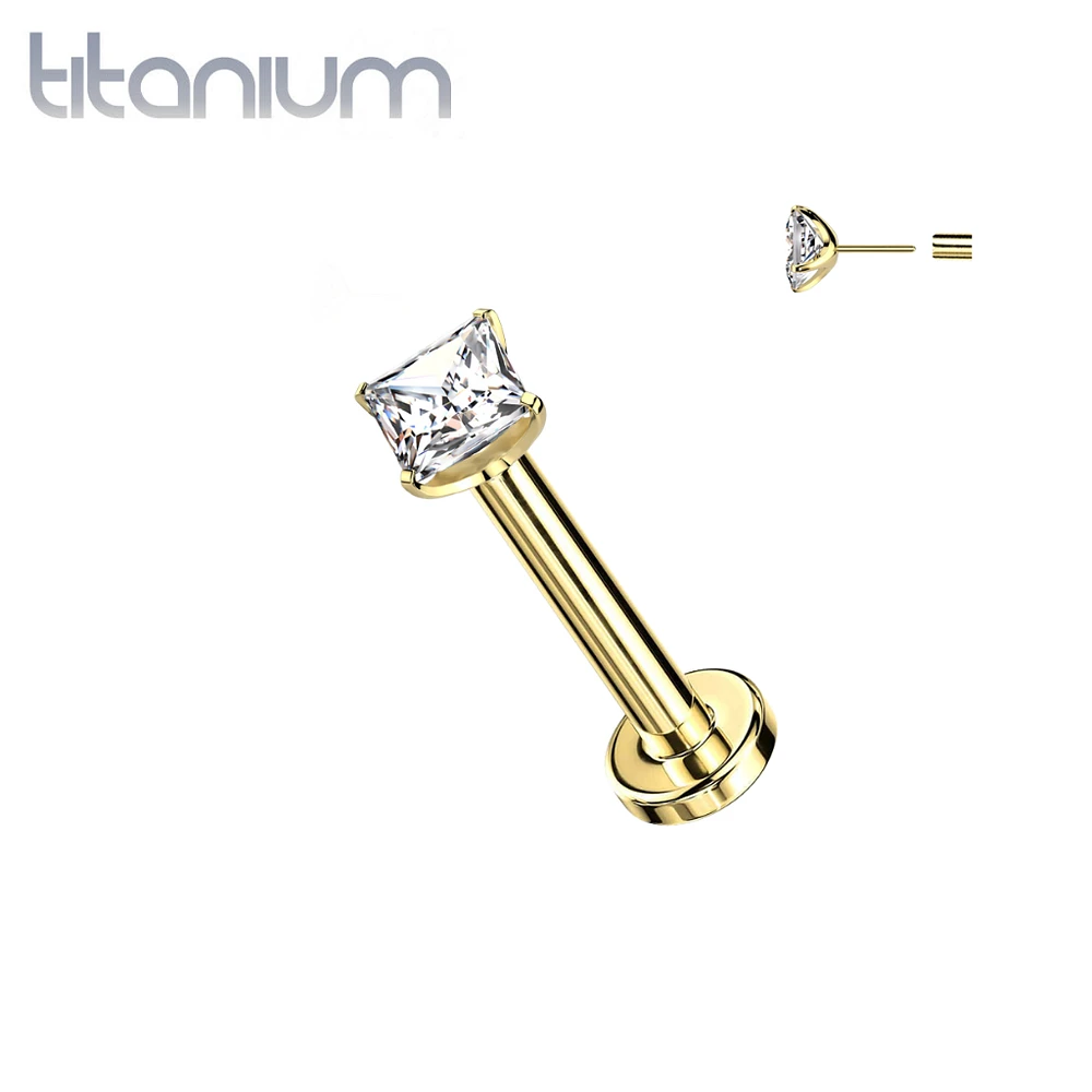 Implant Grade Titanium Gold PVD Square White CZ Threadless Push In Labret