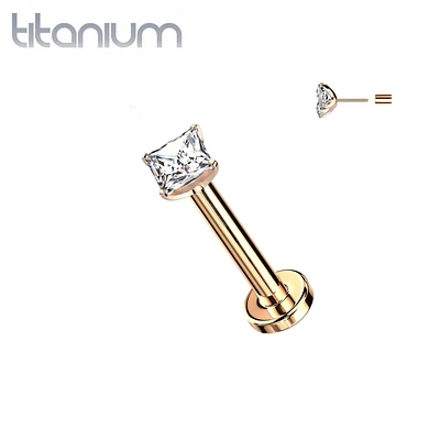 Implant Grade Titanium Rose Gold PVD Square White CZ Threadless Push In Labret