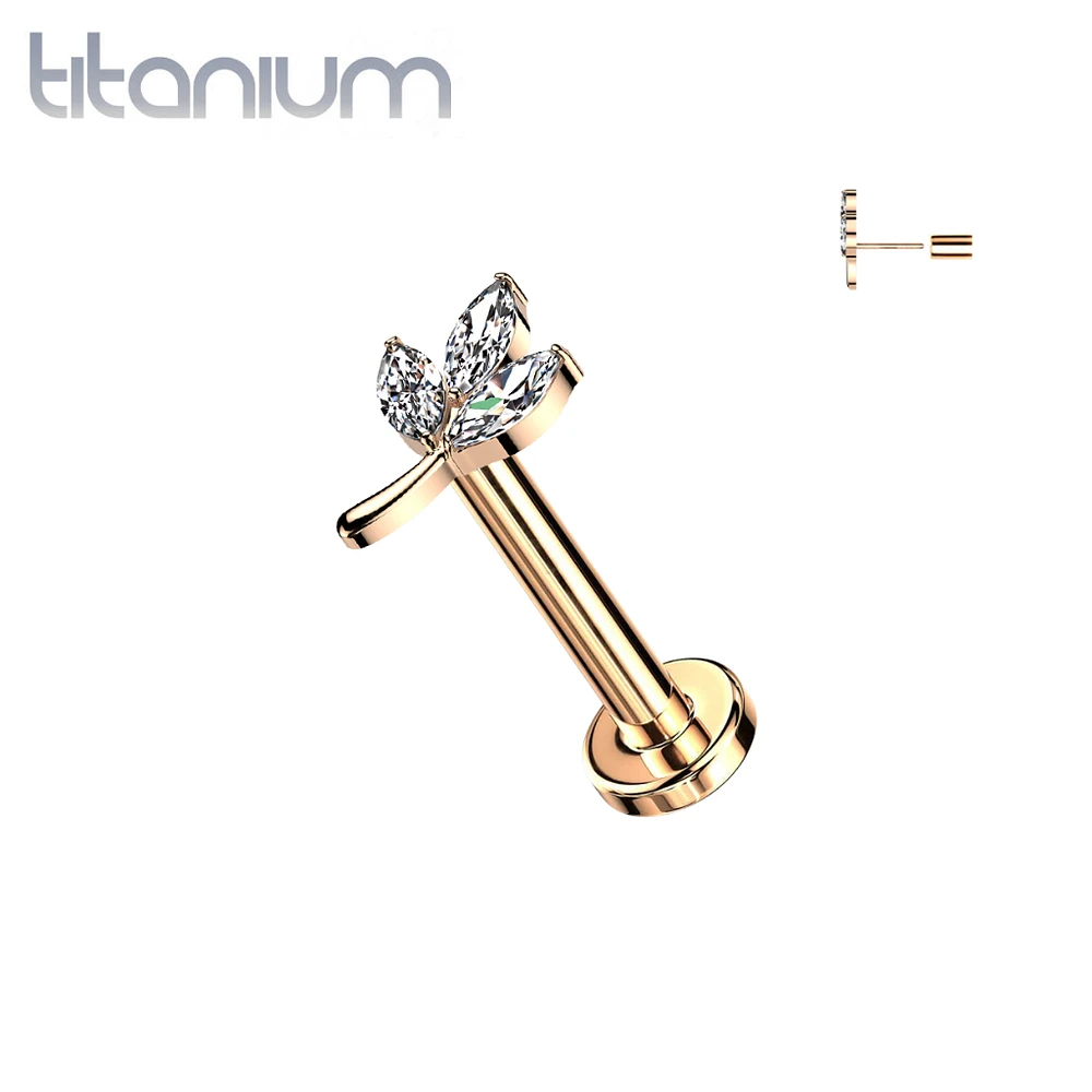 Implant Grade Titanium Rose Gold PVD White CZ Leaf Threadless Push In Labret