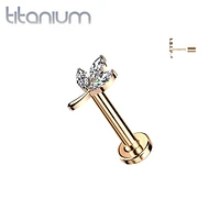 Implant Grade Titanium Rose Gold PVD White CZ Leaf Threadless Push In Labret