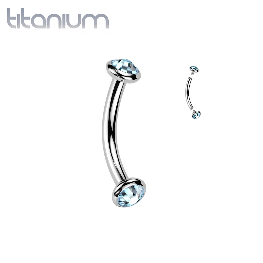 Implant Grade Titanium Aqua CZ Bezel Internally Threaded Curved Barbell