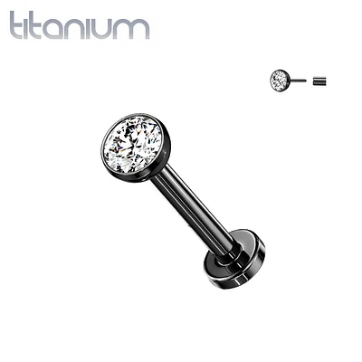 Titanium Black PVD White CZ Bezel Gem Threadless Push In Labret