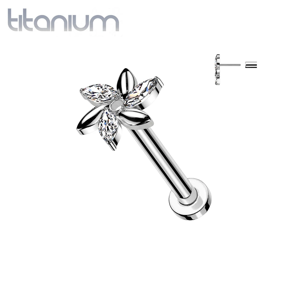 Implant Grade Titanium White CZ Marquise Flower Design Threadless Push In Labret