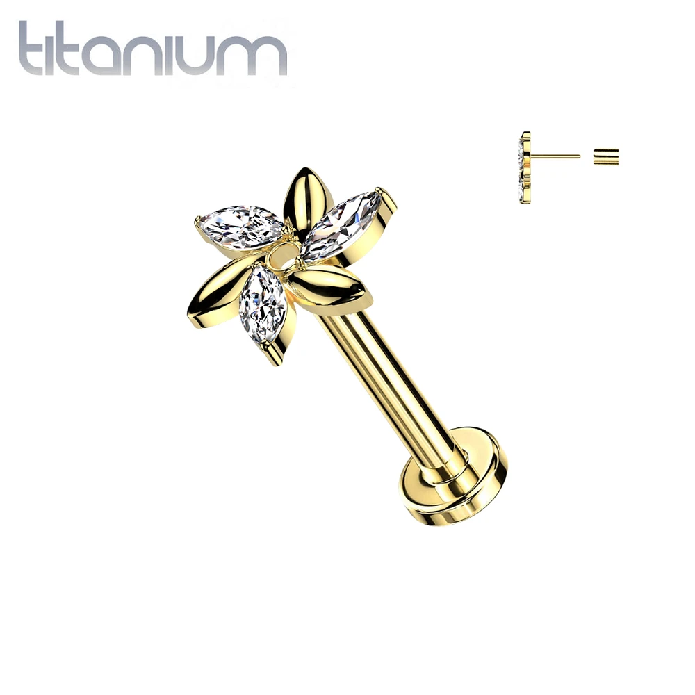 Implant Grade Titanium Gold PVD White CZ Marquise Flower Design Threadless Push In Labret