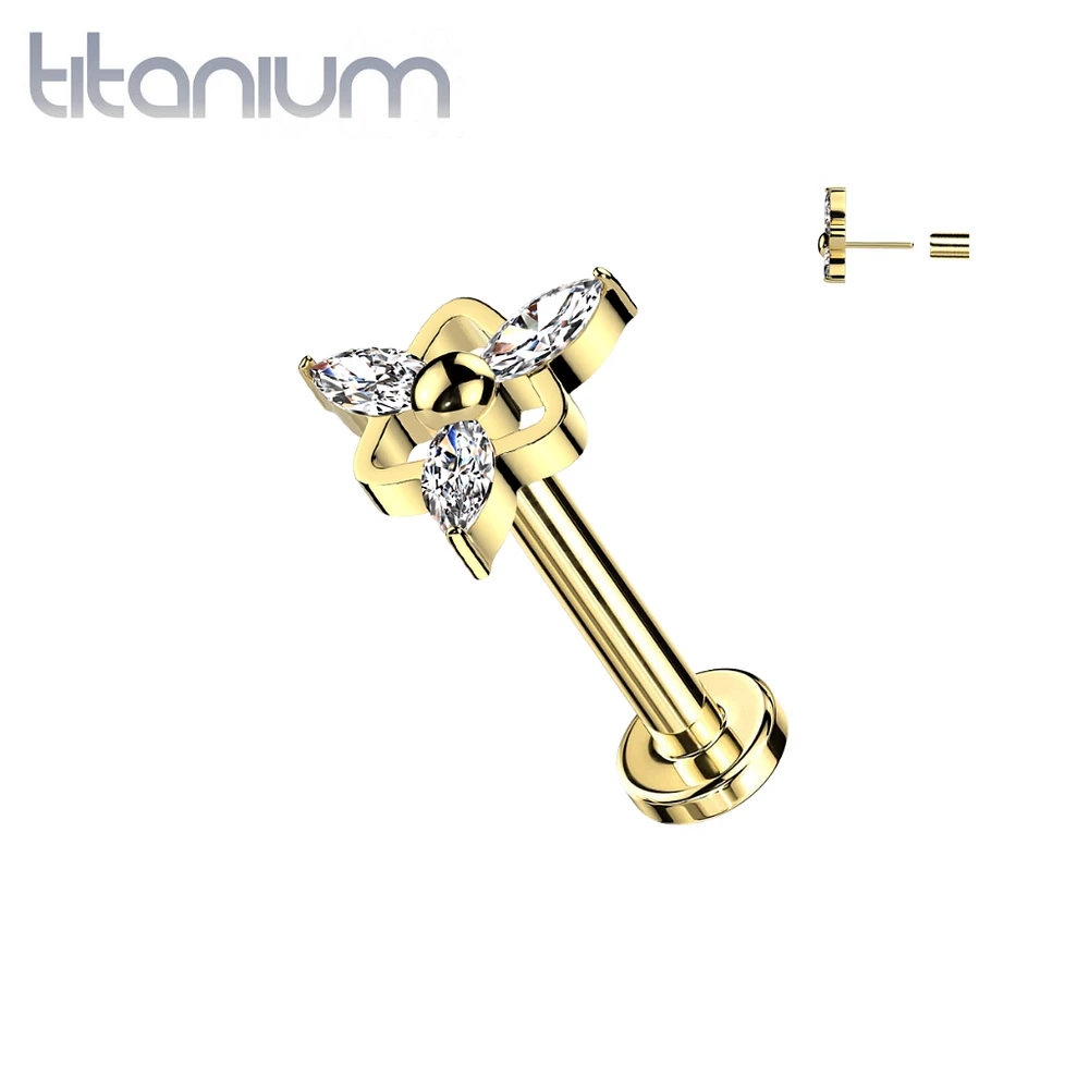 Implant Grade Titanium Gold PVD White CZ Marquise Triangle Design Threadless Push In Labret