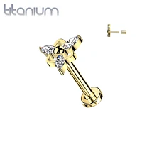 Implant Grade Titanium Gold PVD White CZ Marquise Triangle Design Threadless Push In Labret