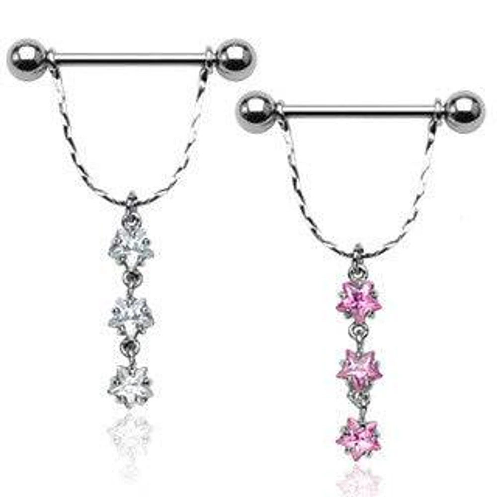 14ga 316L Surgical Steel Triple Star CZ Gem Dangle Nipple Ring Barbell