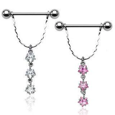 14ga 316L Surgical Steel Triple Star CZ Gem Dangle Nipple Ring Barbell