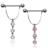 14ga 316L Surgical Steel Triple Star CZ Gem Dangle Nipple Ring Barbell