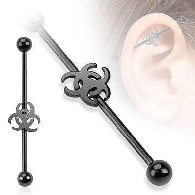 14ga Surgical Steel Black PVD Biohazard Straight Industrial Barbell