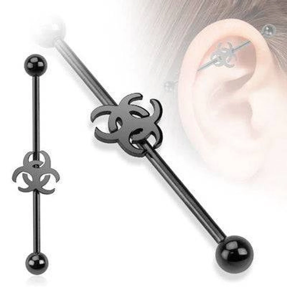 14ga Surgical Steel Black PVD Biohazard Straight Industrial Barbell