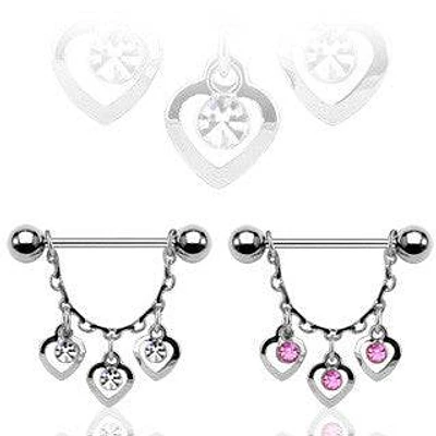 14ga Surgical Steel Dangling 3 Heart CZ Nipple Ring Shield Barbell