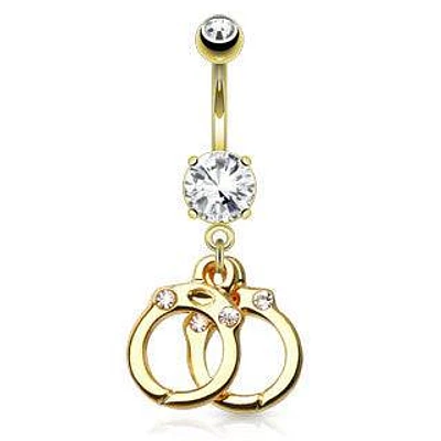 Gold PVD over Surgical Steel Dangling Clear CZ Double Handcuffs Belly Button Navel Ring